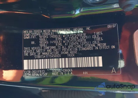 2007 Toyota Tundra Sr5 4.7L V8 из США, поврежденный, VIN 5TBBT54177S456920